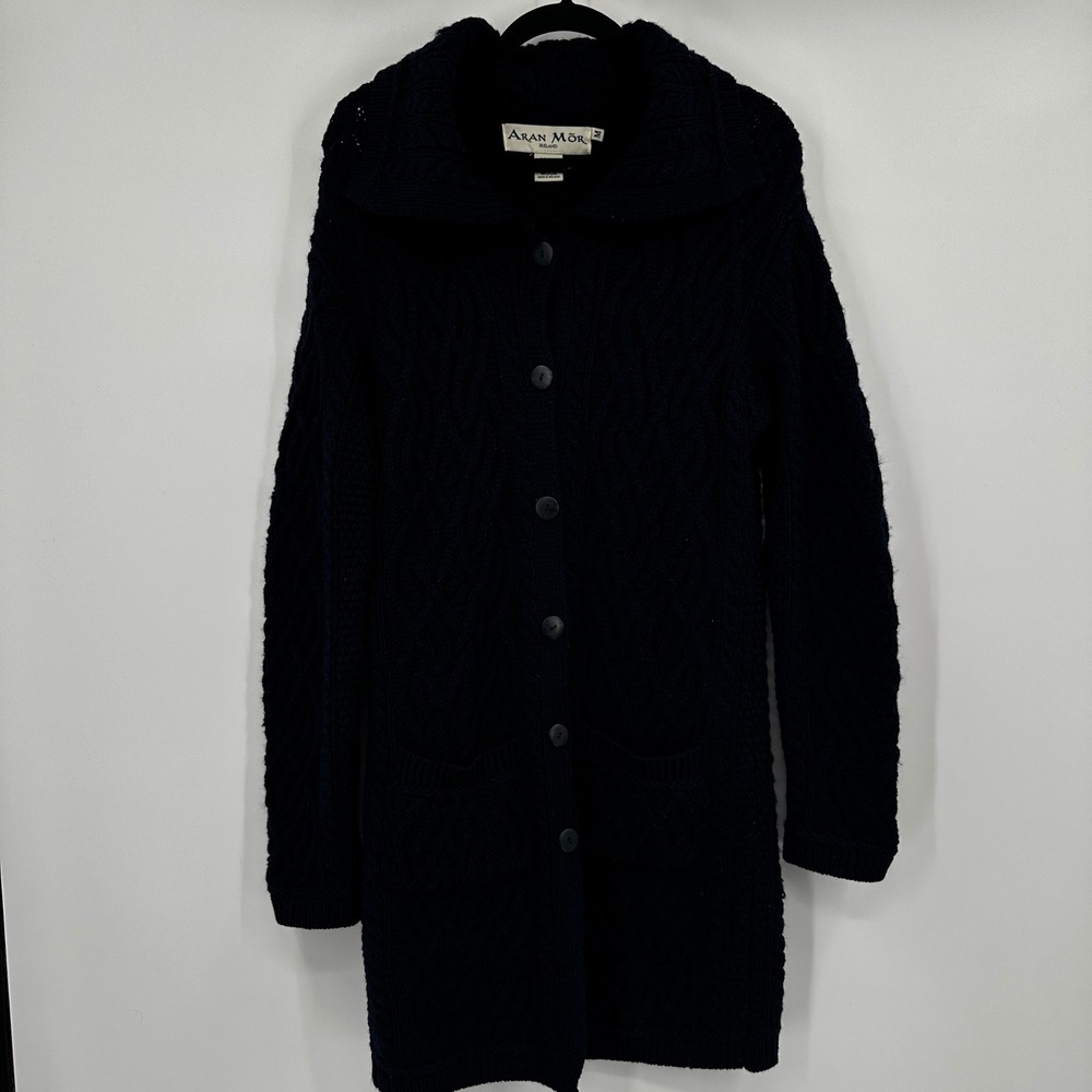 Aran Mor Ireland Blue Merino Wool Cable Knit‎ Long Cardigan Shawl Sweater Medium
